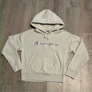 Champion Cream Burberry Plaid Inspired Embroidered Cropped Hoodie XS
